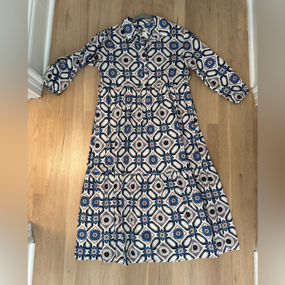 Maeve by Anthropologie Geometric Blue and Cream Long Sleeve Dress
